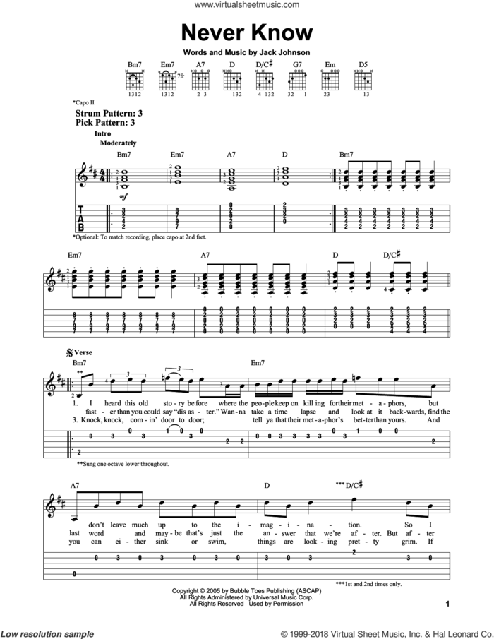 Never Know sheet music for guitar solo (easy tablature) by Jack Johnson, easy guitar (easy tablature)