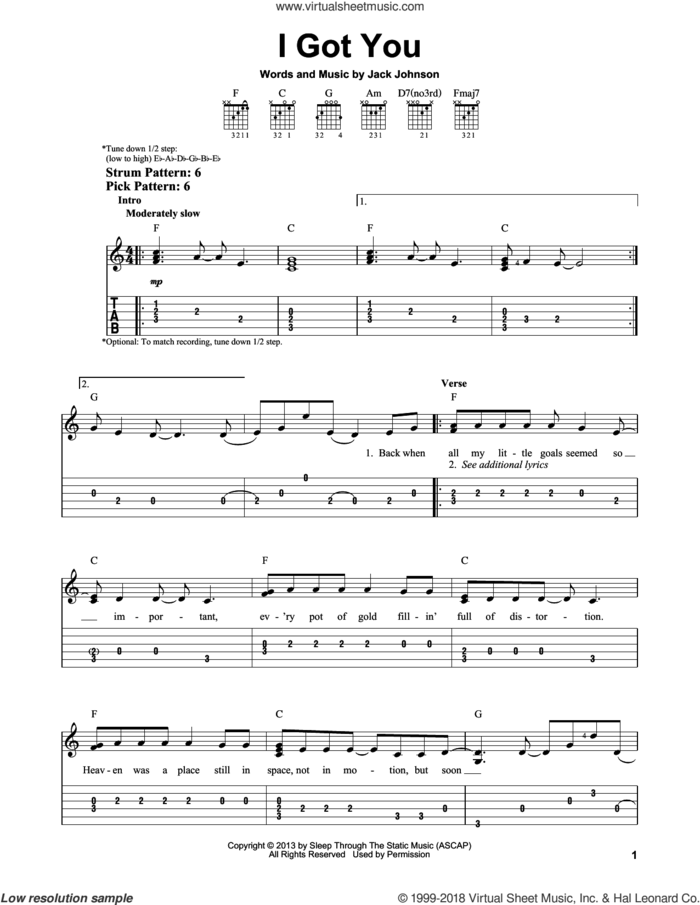 I Got You sheet music for guitar solo (easy tablature) by Jack Johnson, easy guitar (easy tablature)