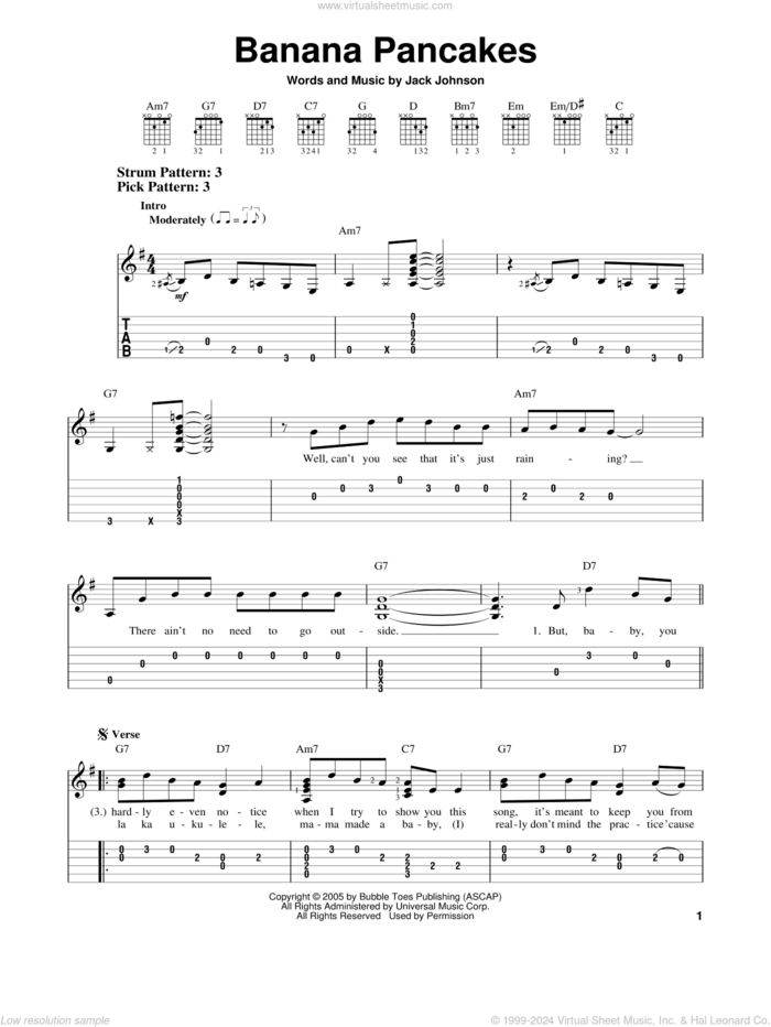 Banana Pancakes sheet music for guitar solo (easy tablature) by Jack Johnson, easy guitar (easy tablature)