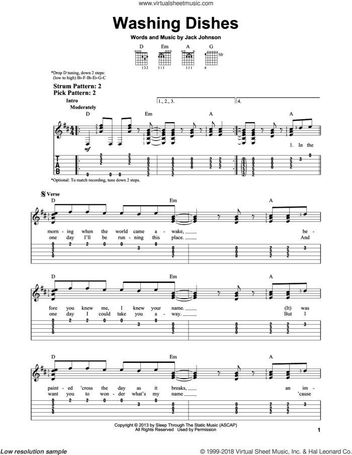 Washing Dishes sheet music for guitar solo (easy tablature) by Jack Johnson, easy guitar (easy tablature)