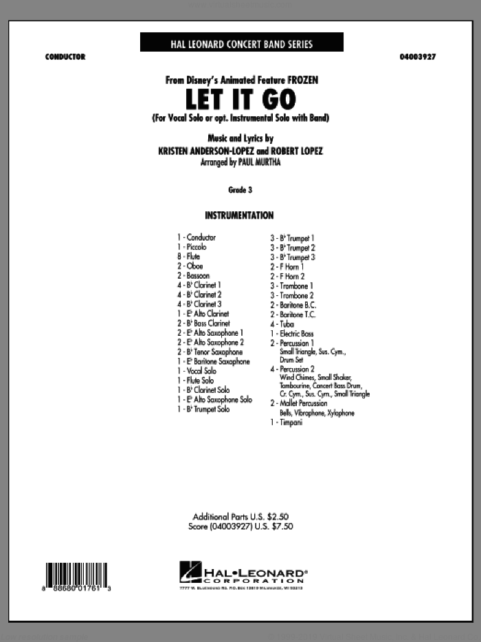Let It Go (from Frozen) (COMPLETE) sheet music for concert band by Robert Lopez, Idina Menzel, Kristen Anderson-Lopez and Paul Murtha, intermediate skill level
