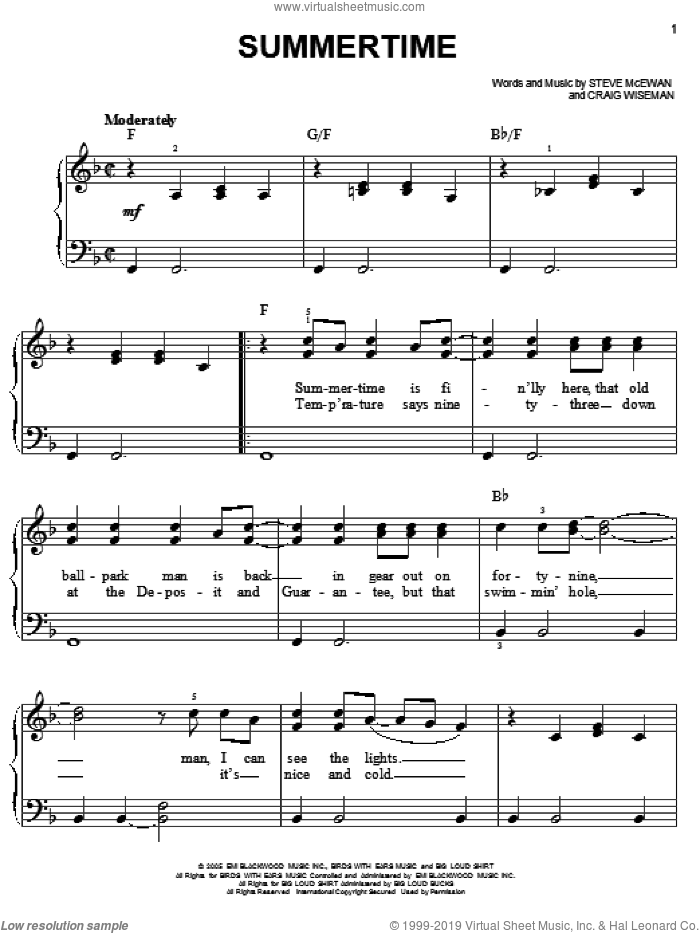 Summertime sheet music for piano solo by Kenny Chesney, Craig Wiseman and Steve McEwan, easy skill level