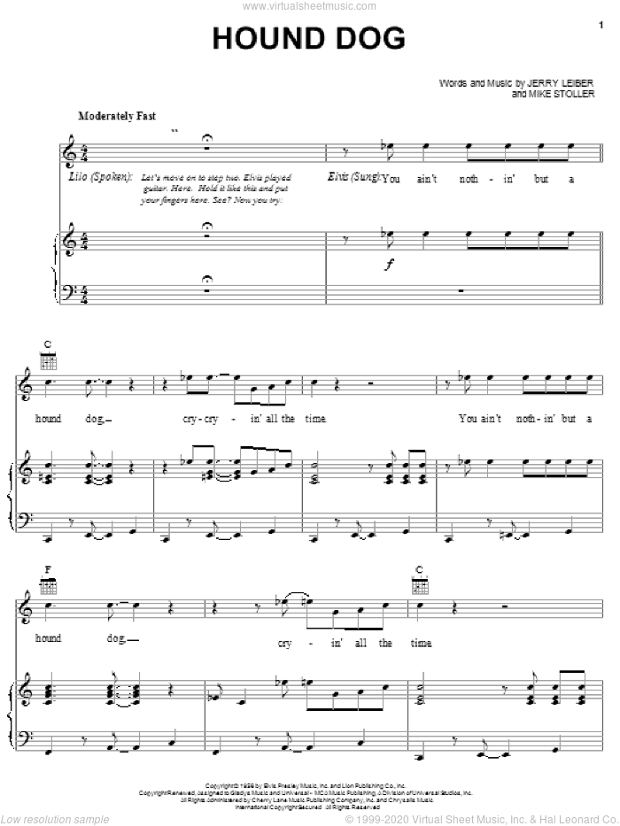 Hound Dog sheet music for voice, piano or guitar by Elvis Presley, Leiber & Stoller, Lilo & Stitch (Movie), Jerry Leiber and Mike Stoller, intermediate skill level