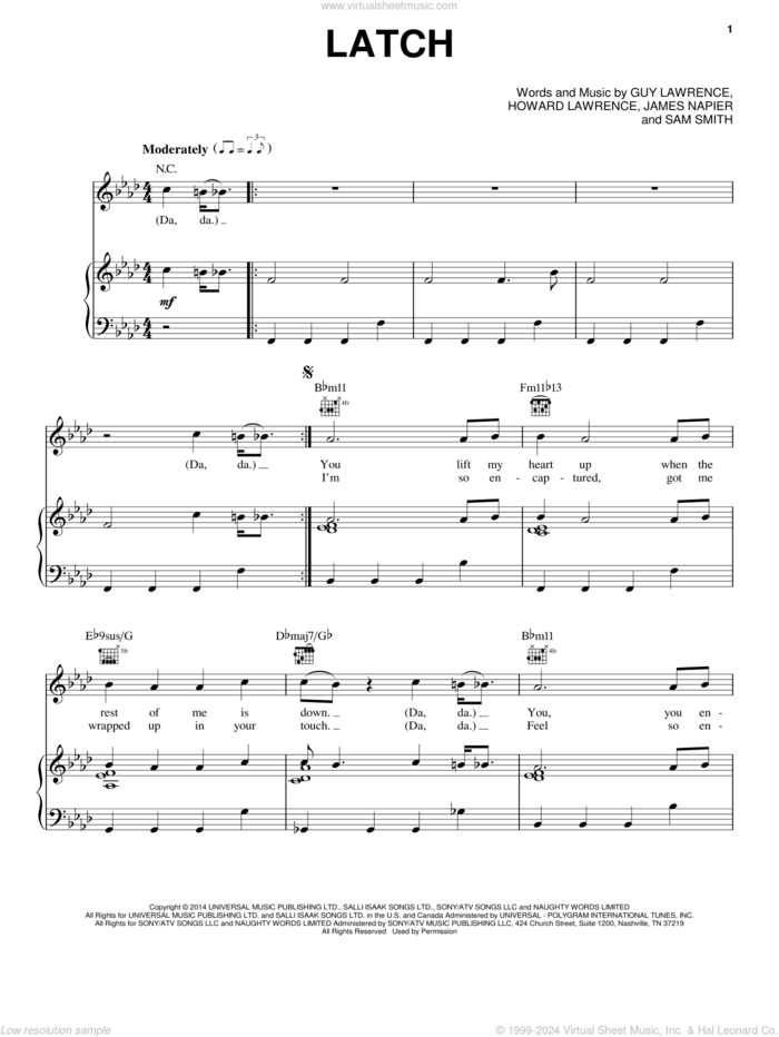 Latch sheet music for voice, piano or guitar by Disclosure featuring Sam Smith, Disclosure, Guy Lawrence, Howard Lawrence, James Napier and Sam Smith, wedding score, intermediate skill level