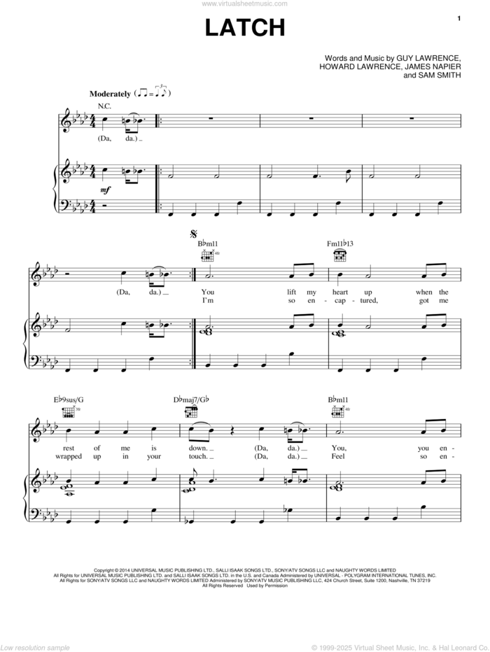 Latch sheet music for voice, piano or guitar by Disclosure featuring Sam Smith, Disclosure, Guy Lawrence, Howard Lawrence, James Napier and Sam Smith, wedding score, intermediate skill level