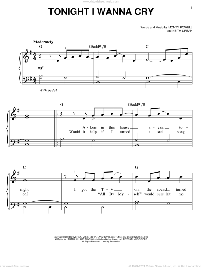 Tonight I Wanna Cry sheet music for piano solo by Keith Urban and Monty Powell, easy skill level