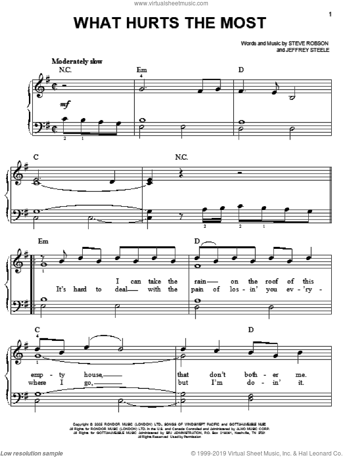 What Hurts The Most sheet music for piano solo by Rascal Flatts, Jeffrey Steele and Steve Robson, easy skill level