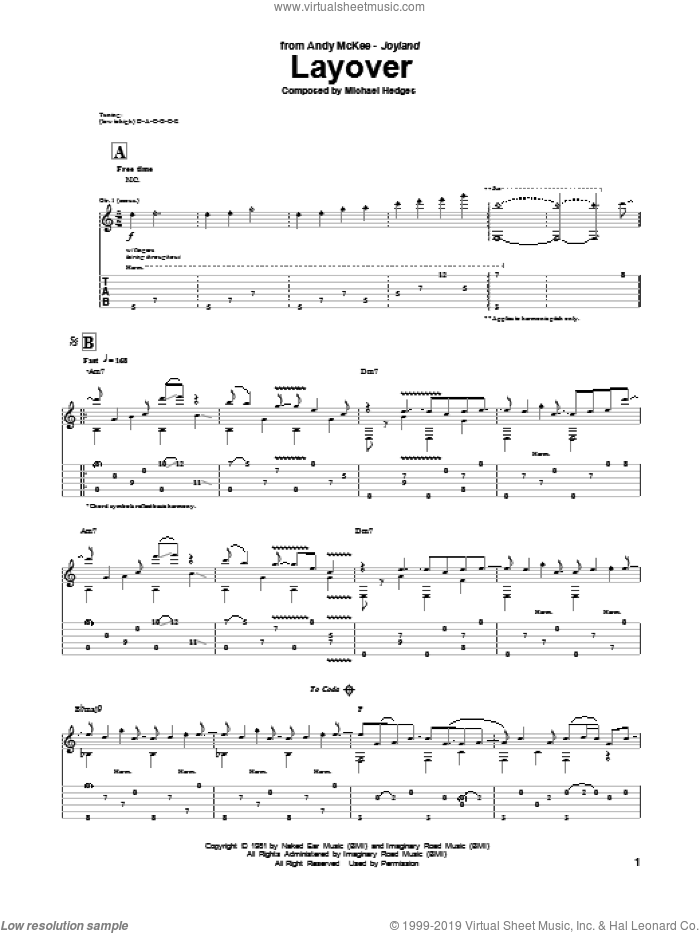 Layover sheet music for guitar (tablature) by Andy McKee and Michael Hedges, intermediate skill level
