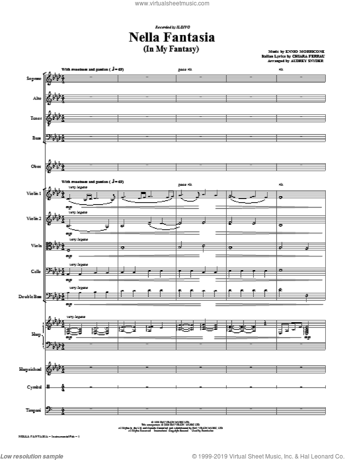 Nella Fantasia (In My Fantasy) (arr. Audrey Snyder) (complete set of parts) sheet music for orchestra/band (chamber ensemble) by Ennio Morricone, Chiara Ferrau, Audrey Snyder and Il Divo, intermediate skill level