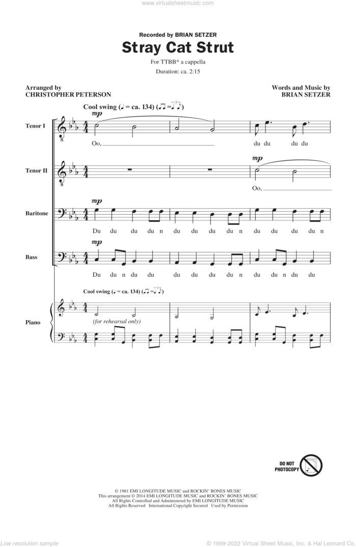 Stray Cat Strut sheet music for choir (TTBB: tenor, bass) by Brian Setzer, Stray Cats and Christopher Peterson, intermediate skill level