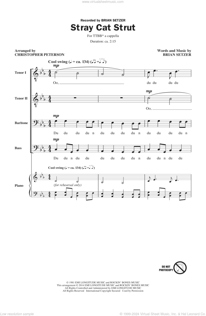 Stray Cat Strut sheet music for choir (TTBB: tenor, bass) by Brian Setzer, Stray Cats and Christopher Peterson, intermediate skill level