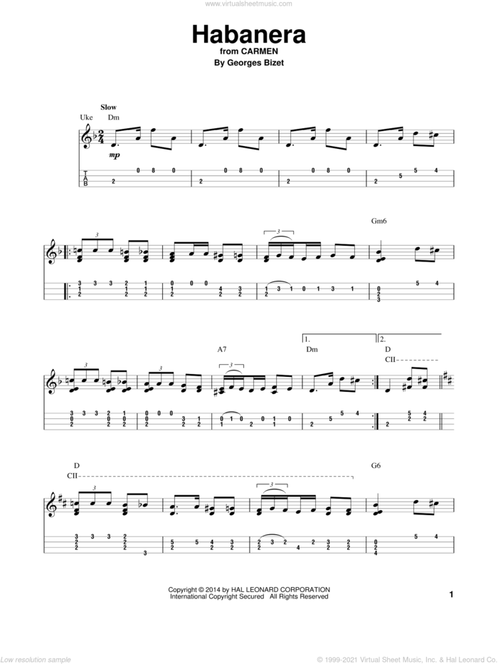 Habanera sheet music for ukulele (easy tablature) (ukulele easy tab) by Georges Bizet, classical score, intermediate skill level