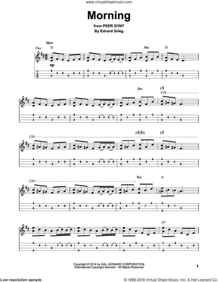Morning sheet music for ukulele (easy tablature) (ukulele easy tab) by Edvard Grieg, classical score, intermediate skill level