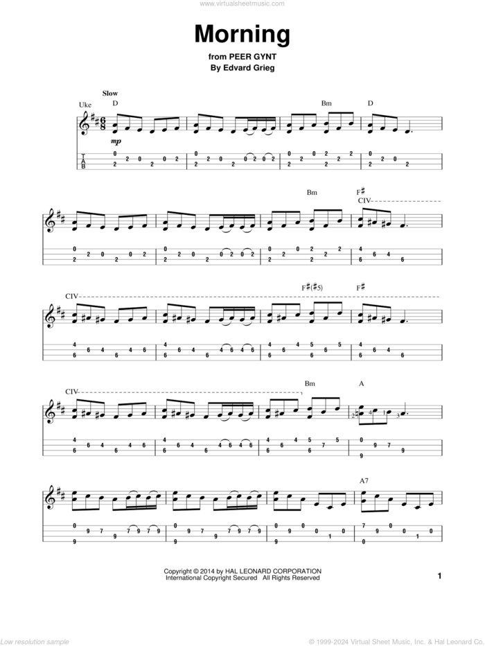 Morning sheet music for ukulele (easy tablature) (ukulele easy tab) by Edvard Grieg, classical score, intermediate skill level