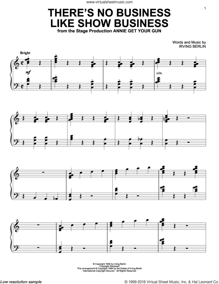 There's No Business Like Show Business sheet music for piano solo by Irving Berlin, intermediate skill level