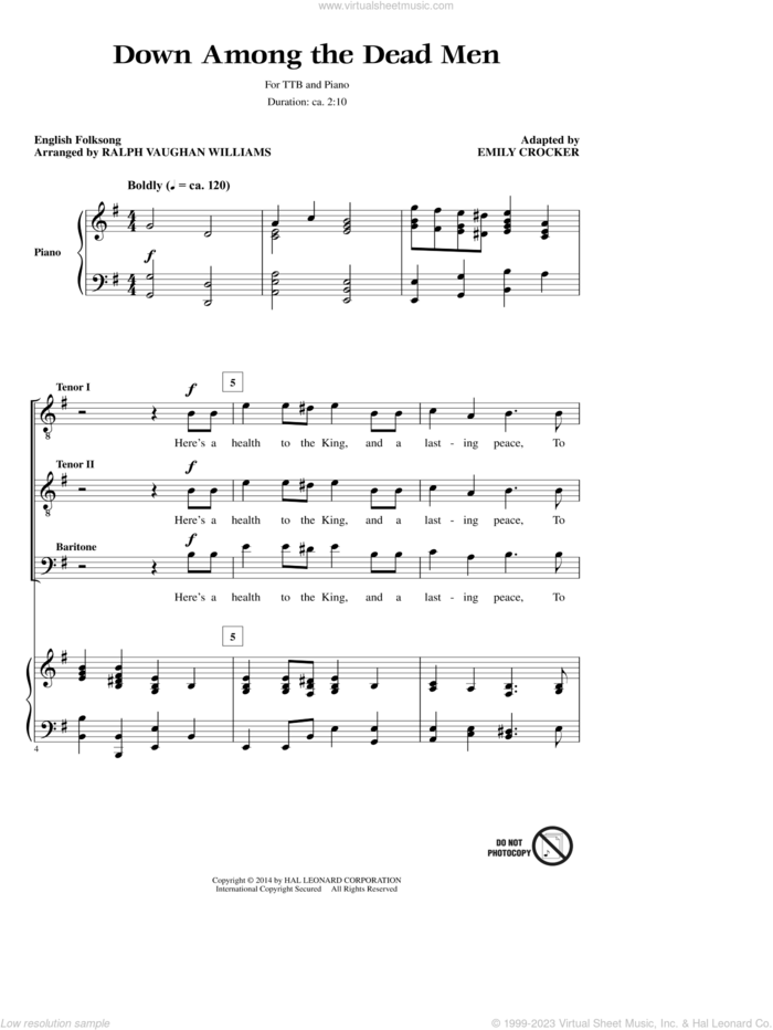 Down Among The Dead Men sheet music for choir (TTBB: tenor, bass) by Emily Crocker and Ralph Vaughan Williams, intermediate skill level