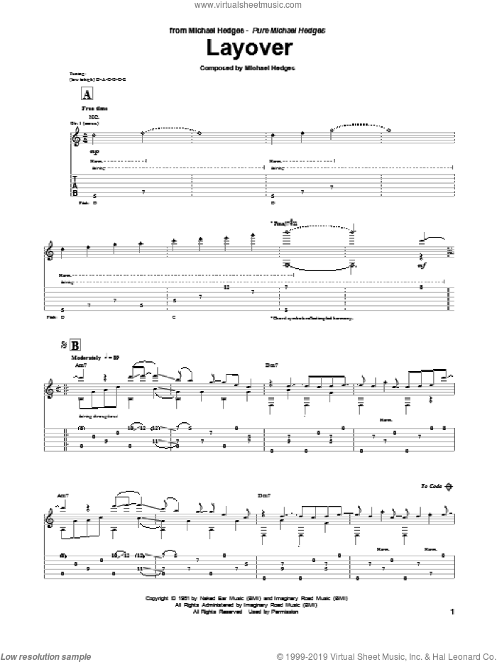 Layover sheet music for guitar (tablature) by Michael Hedges and Andy McKee, intermediate skill level