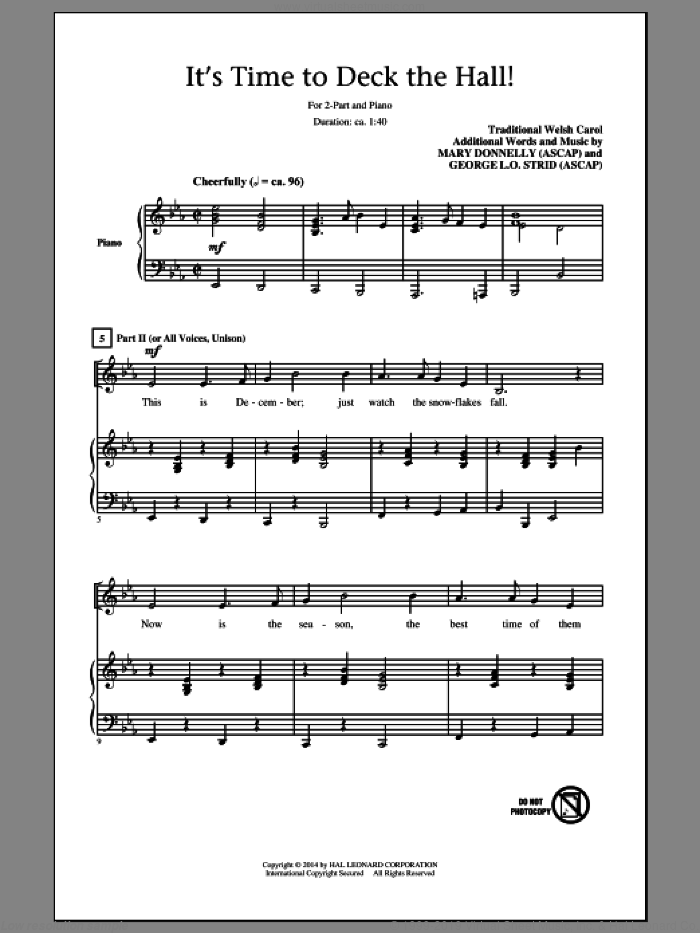 It's Time To Deck The Hall! sheet music for choir (2-Part) by Mary Donnelly, George L.O. Strid and Miscellaneous, intermediate duet