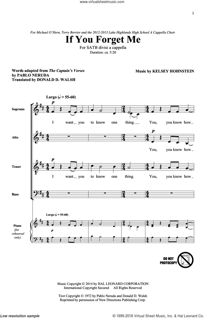 If You Forget Me sheet music for choir (SATB: soprano, alto, tenor, bass) by Kelsey Hohnstein, Donald D. Walsh and Pablo Neruda, intermediate skill level