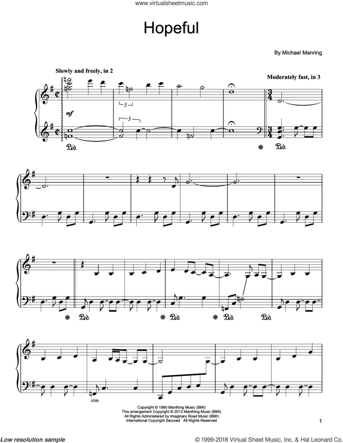 Hopeful sheet music for piano solo by Michael Manring, intermediate skill level