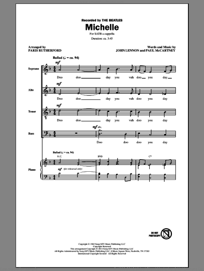 Michelle sheet music for choir (SATB: soprano, alto, tenor, bass) by Paul McCartney, The Beatles, John Lennon and Paris Rutherford, intermediate skill level
