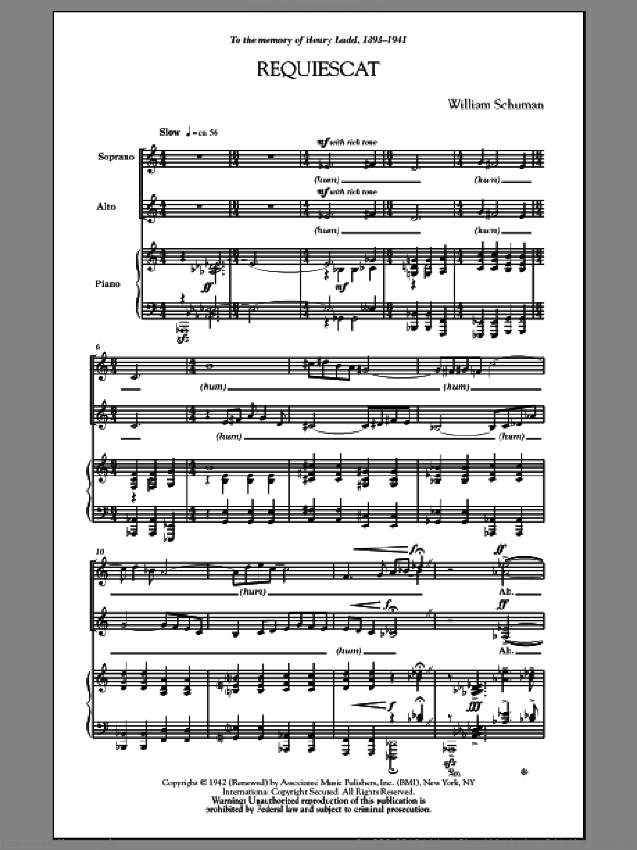 Requiescat sheet music for choir (SSA: soprano, alto) by Dale Warland and William Schuman, intermediate skill level