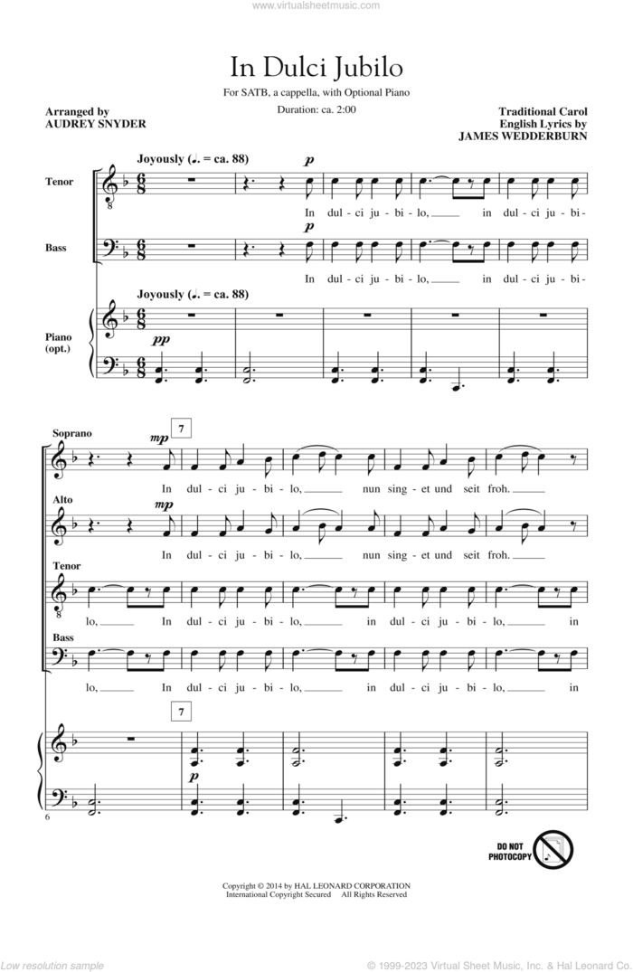 In Dulci Jubilo sheet music for choir (SATB: soprano, alto, tenor, bass) by Audrey Snyder, James Wedderburn and Miscellaneous, intermediate skill level