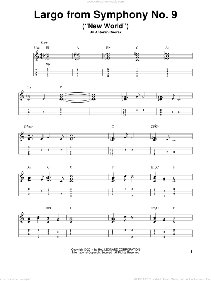 Largo From Symphony No. 9 ('New World') sheet music for ukulele (easy tablature) (ukulele easy tab) by Antonin Dvorak, classical score, intermediate skill level