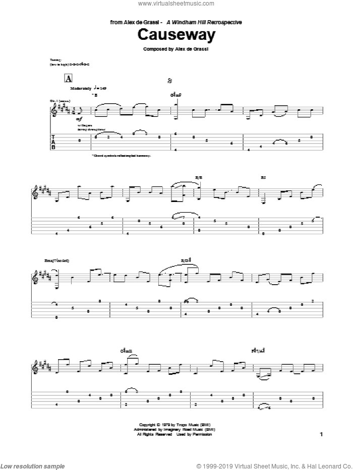 Causeway sheet music for guitar (tablature) by Alex de Grassi, intermediate skill level