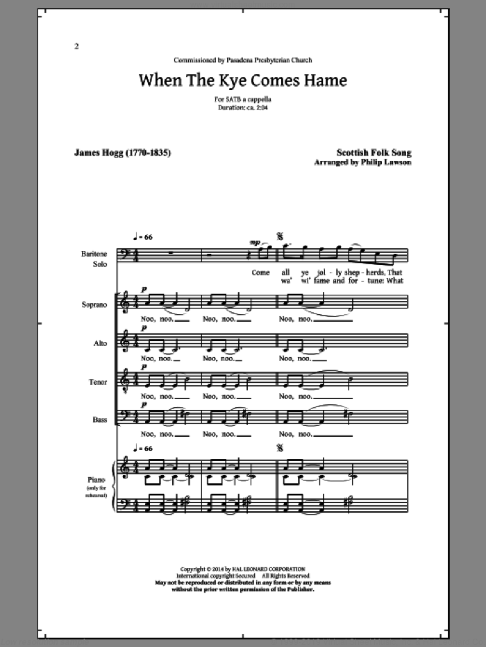 When The Kye Comes Hame sheet music for choir (SATB: soprano, alto, tenor, bass) by Philip Lawson, James Hogg and Scottish Folk Song, intermediate skill level