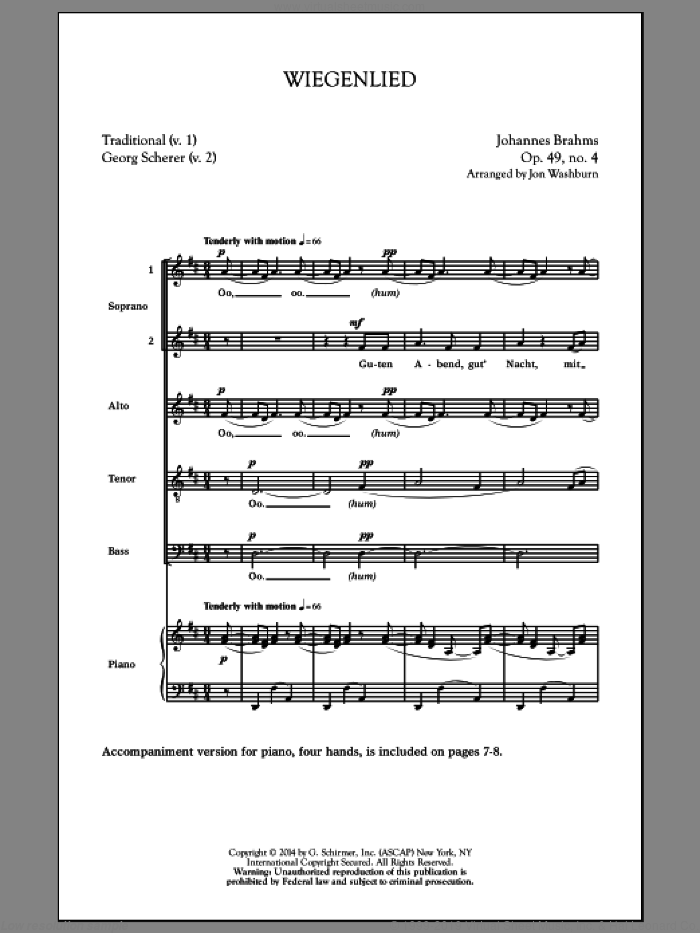 Wiegenlied sheet music for choir (SSATB) by Johannes Brahms and Jon Washburn, classical score, intermediate skill level
