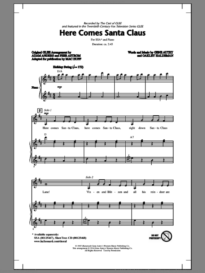 Here Comes Santa Claus (Right Down Santa Claus Lane) sheet music for choir (SSA: soprano, alto) by Mac Huff, Carpenters, Gene Autry, Glee Cast and Oakley Haldeman, intermediate skill level