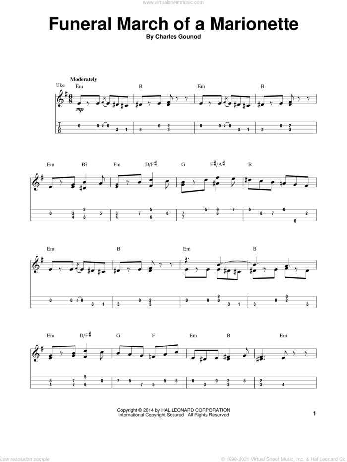 Funeral March Of A Marionette sheet music for ukulele (easy tablature) (ukulele easy tab) by Charles Gounod, classical score, intermediate skill level