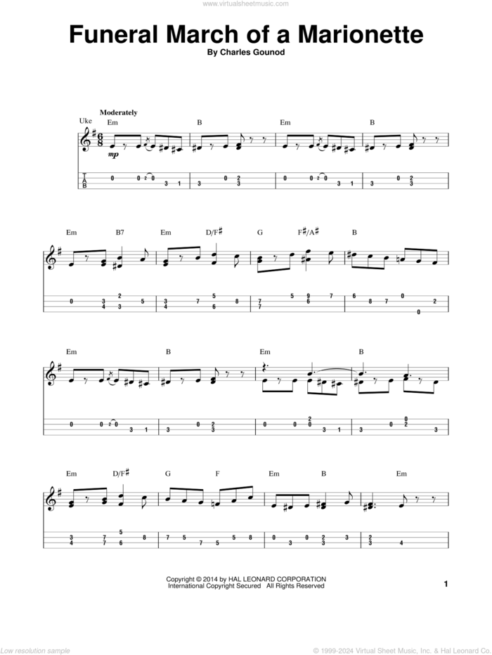 Funeral March Of A Marionette sheet music for ukulele (easy tablature) (ukulele easy tab) by Charles Gounod, classical score, intermediate skill level