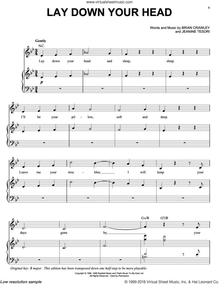 Lay Down Your Head sheet music for voice, piano or guitar by Audra McDonald, Brian Crawley and Jeanine Tesori, intermediate skill level