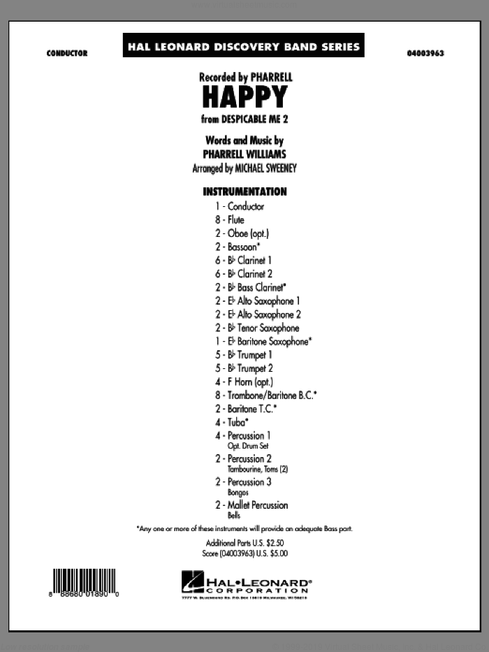Happy (from Despicable Me 2) (COMPLETE) sheet music for concert band by Pharrell Williams, Mike Sweeney and Pharrell, intermediate skill level