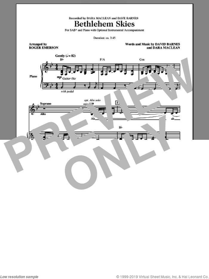 Bethlehem Skies sheet music for choir (SAB: soprano, alto, bass) by Roger Emerson, Dara MacLean and David Barnes, intermediate skill level