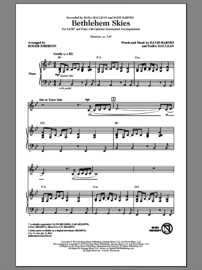 Bethlehem Skies sheet music for choir (SATB: soprano, alto, tenor, bass) by Roger Emerson, Dara MacLean and David Barnes, intermediate skill level