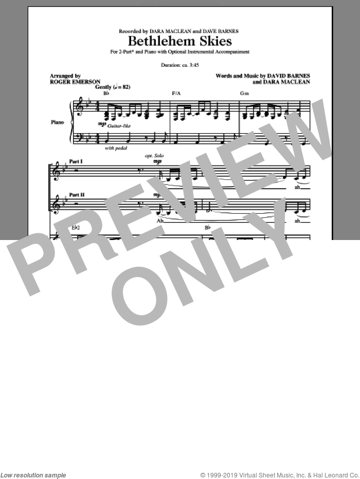 Bethlehem Skies sheet music for choir (2-Part) by Roger Emerson, Dara MacLean and David Barnes, intermediate duet
