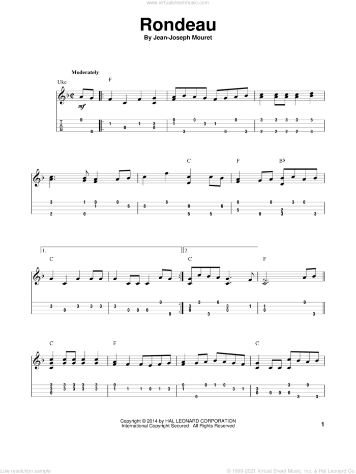 Rondeau sheet music for ukulele (easy tablature) (ukulele easy tab) by Jean-Joseph Mouret, classical score, intermediate skill level