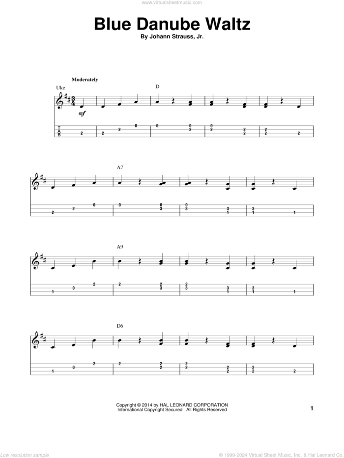 Blue Danube Waltz sheet music for ukulele (easy tablature) (ukulele easy tab) by Johann Strauss, Jr., classical score, intermediate skill level