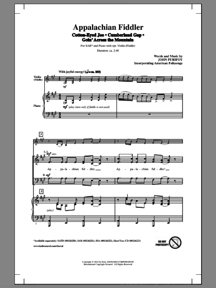 Cumberland Gap sheet music for choir (SAB: soprano, alto, bass) by John Purifoy, intermediate skill level