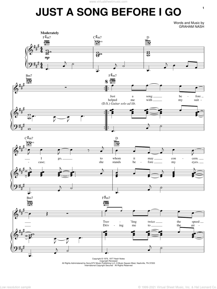 Just A Song Before I Go sheet music for voice, piano or guitar by Crosby, Stills & Nash and Graham Nash, intermediate skill level