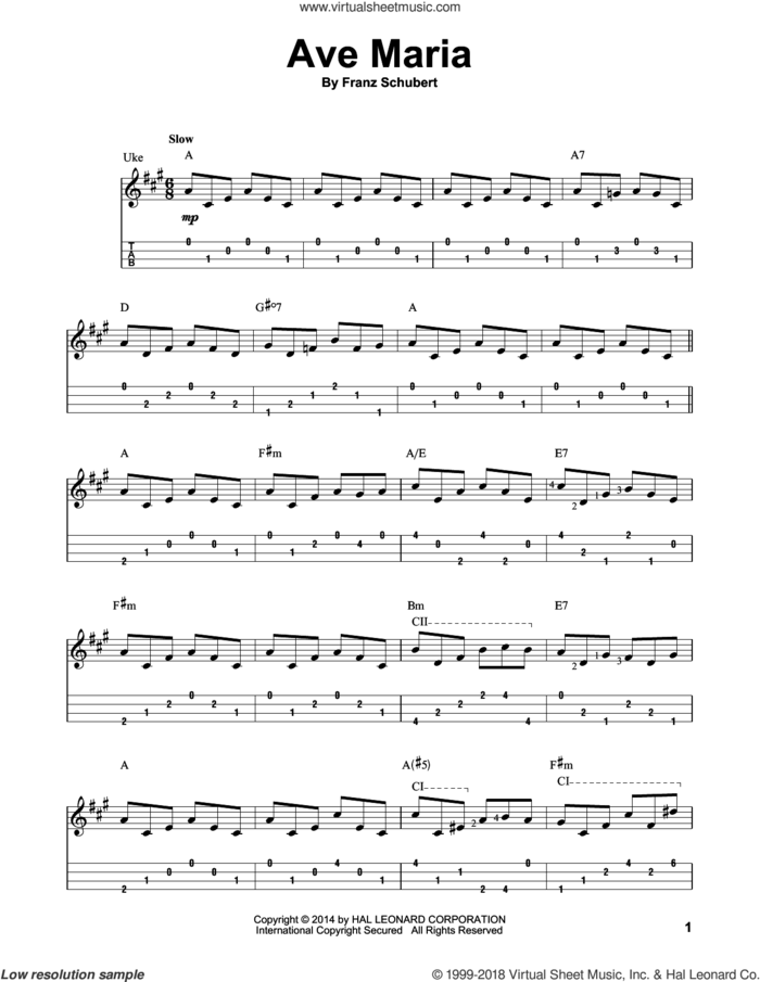 Ave Maria sheet music for ukulele (easy tablature) (ukulele easy tab) by Franz Schubert, classical score, intermediate skill level