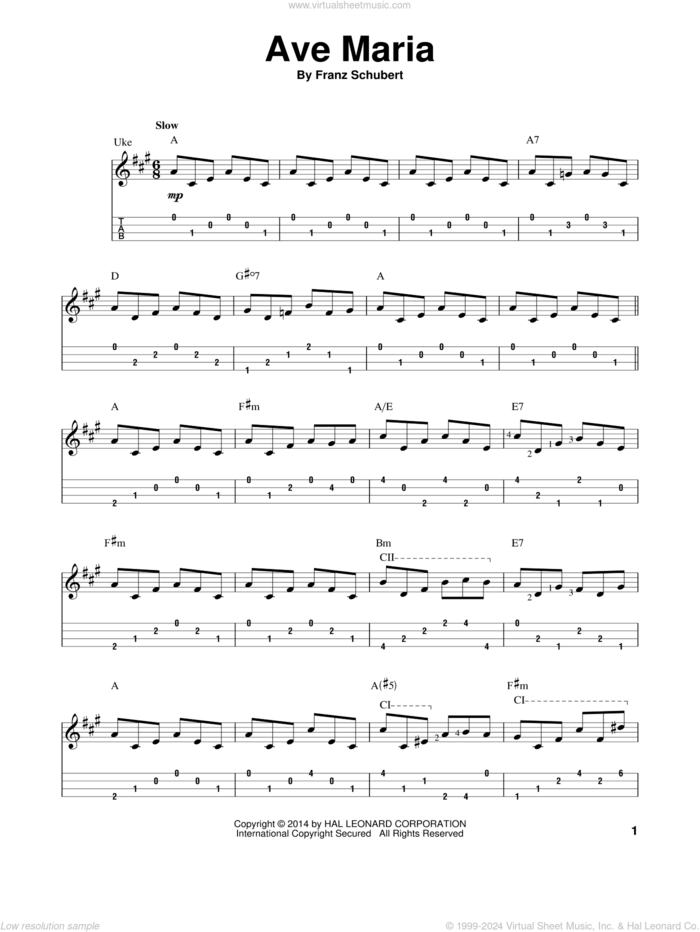 Ave Maria sheet music for ukulele (easy tablature) (ukulele easy tab) by Franz Schubert, classical score, intermediate skill level