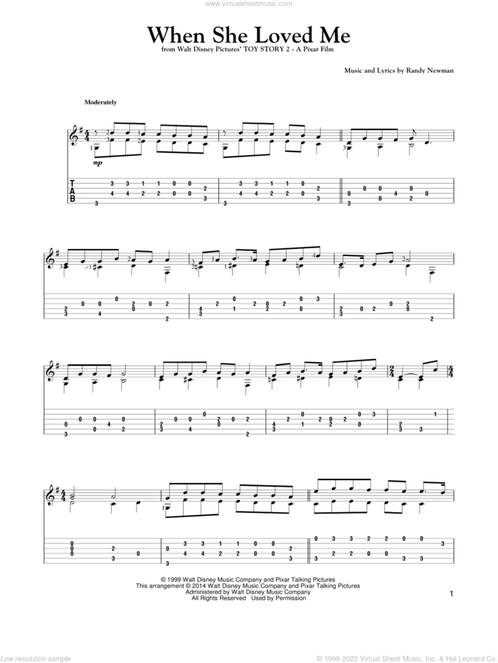 When She Loved Me (from Toy Story 2) (arr. Mark Phillips) sheet music for guitar solo by Randy Newman, Mark Phillips and Sarah McLachlan, intermediate skill level