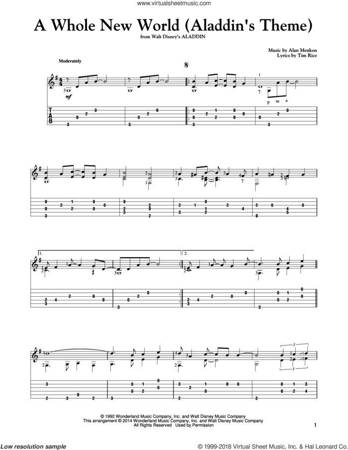 A Whole New World (from Aladdin) sheet music for guitar solo by Alan Menken, Peabo Bryson and Regina Belle, Alan Menken & Tim Rice, Mark Phillips and Tim Rice, wedding score, intermediate skill level