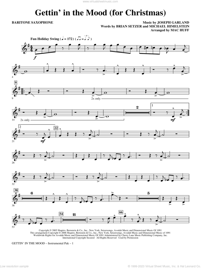 Gettin' In The Mood, for christmas sheet music for orchestra/band (baritone saxophone) by Brian Setzer, Joe Garland, Michael Himelstein and Mac Huff, intermediate skill level