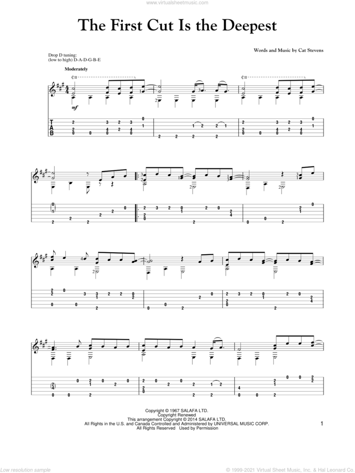 The First Cut Is The Deepest sheet music for guitar solo by Cat Stevens, Mark Phillips, Rod Stewart and Sheryl Crow, intermediate skill level