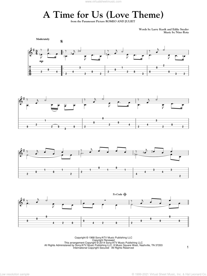 A Time For Us (Love Theme) sheet music for guitar solo by Mark Phillips, Eddie Snyder, Larry Kusik and Nino Rota, intermediate skill level